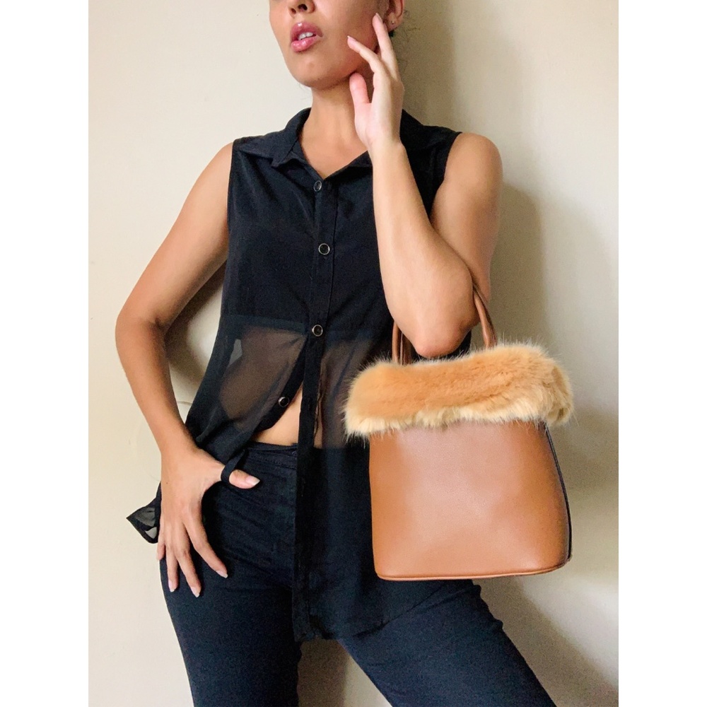 Vegan Leather/ Faux Fur Top Handle Handbag - Cognac Brown - Picture 2 of 6